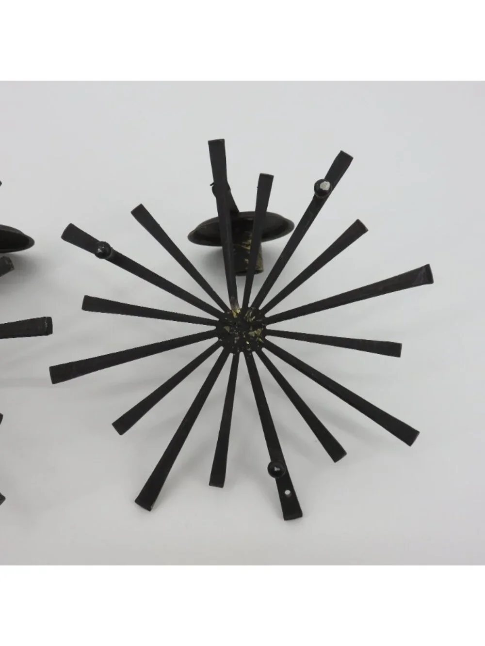 Brutalist Set of 2 Black Gold Metal Starburst Hanging Wall Candle Sconces VTG